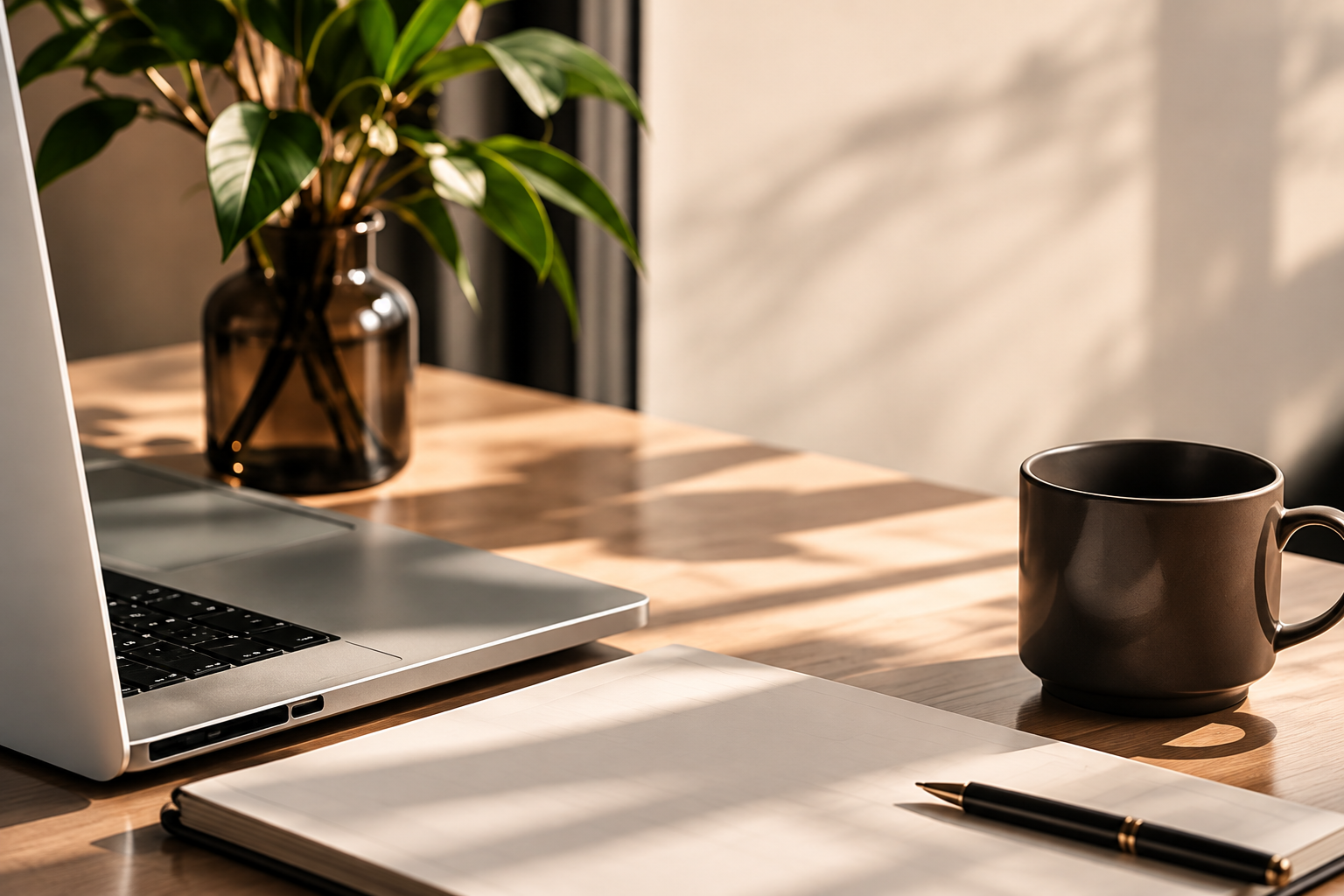 Ambiente de trabalho com notebook, café e planta